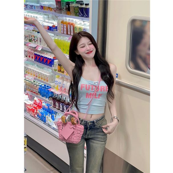 American Retro Sporty Style Hot Girl Ins Letter Print Slim-fit Tank Top For Women_ecoleips.com