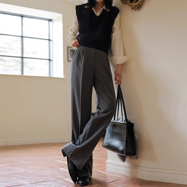 Elegant High-Waisted Wide-Leg Pants For Women - Office Trousers With Draped Fabric, Straight Cut & Slimming Fit_ecoleips.com