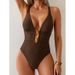 New Metal Ring Tie Pure Color Triangle One Piece Swimsuit For Women High Elasticity No Sleeve Adult Swimwear Water Sport_ecoleips.com