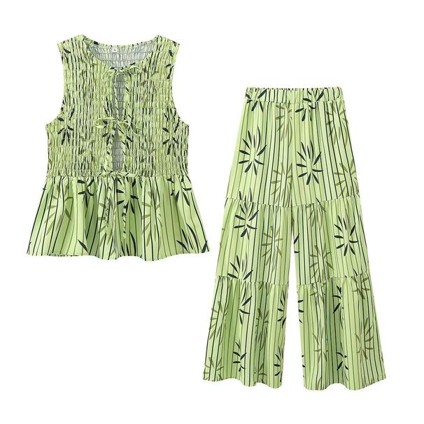 Women's Clothing Fashion Printed Round Neck Sleeveless Lace Up Vest Top Casual Street Style Trousers Suit_ecoleips.com
