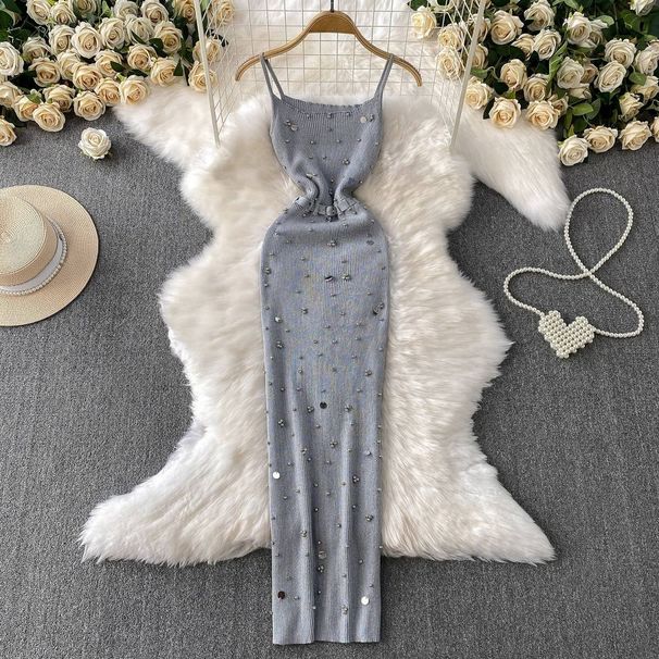 Women's Clothing Royal Sister Style Elegant Light Luxury Heavy Work Beaded Suspender Dress New Style Elastic Knit Tight Slim Split Long Skirt_ecoleips.com