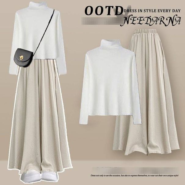 Plus-Size Autumn 3-Piece Set – Oversized Trench Coat + Knit Sweater + Slimming Culottes In Beige & Brown (Korean Inspired)_ecoleips.com