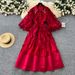 Women's Clothing Luxury French-Inspired Embellished Dress – High Neck Lantern Sleeve Tulle Ruffled Ball Gown (Black/Red/Beige/White, S-L)_ecoleips.com