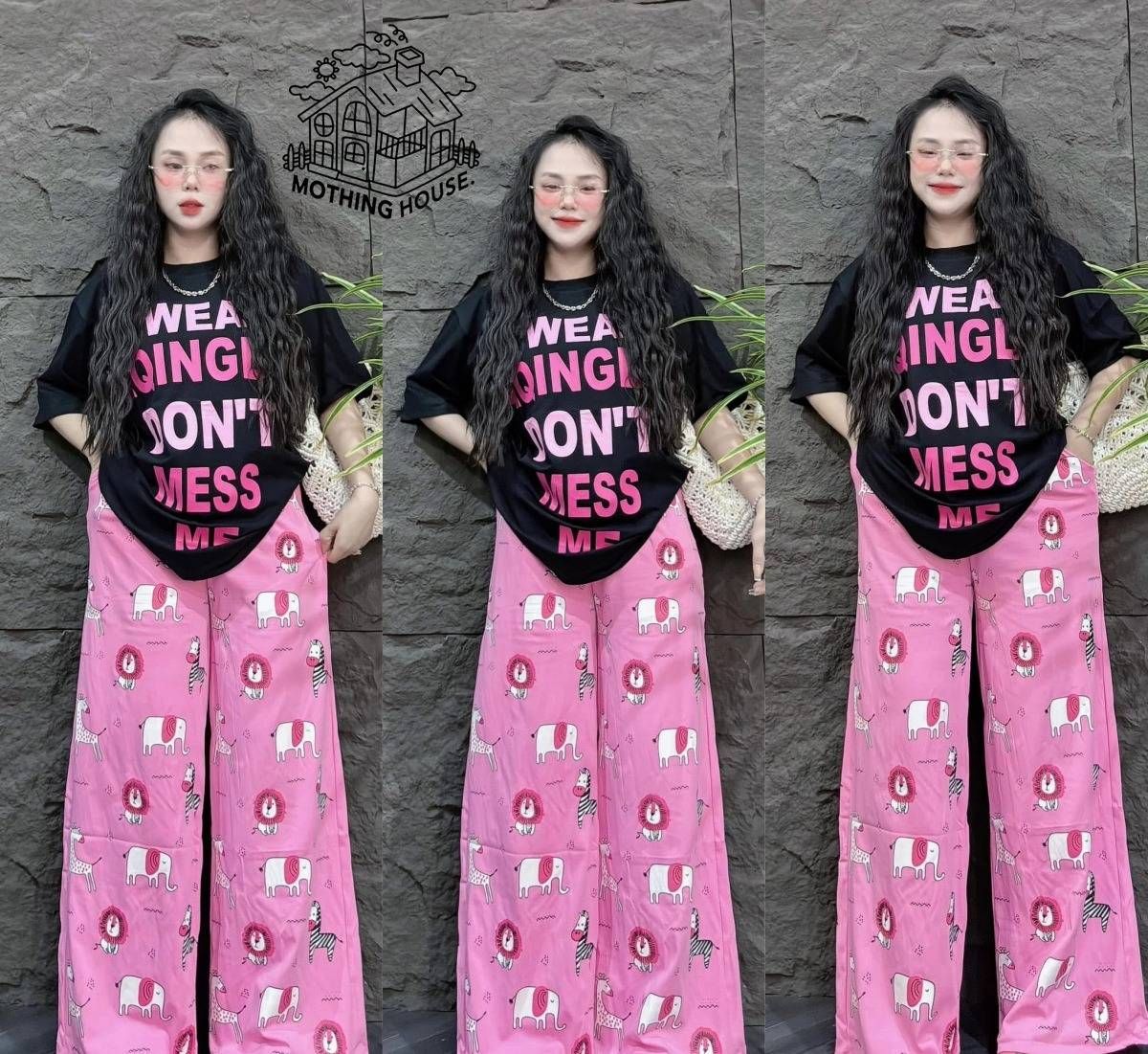 Women's Pink Two Piece Set Summer Casual Letter Print Short Sleeve T-Shirt With Wide Leg Pants Regular Fit Spring/Autumn_ecoleips.com