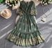 Women's French Retro Red Floral Print Dress Round Neck Three Quarter Sleeve Slimming Waist Full Skirt Ruffles Summer Style_ecoleips.com