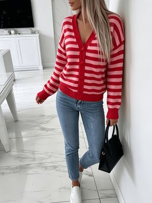Soft And Skin-friendly Striped Color-blocked Knit Cardigan, Women's V-neck Loose-fitting Slimming Long-sleeved Coat, Versatile Outerwear For Spring And Autumn._ecoleips.com