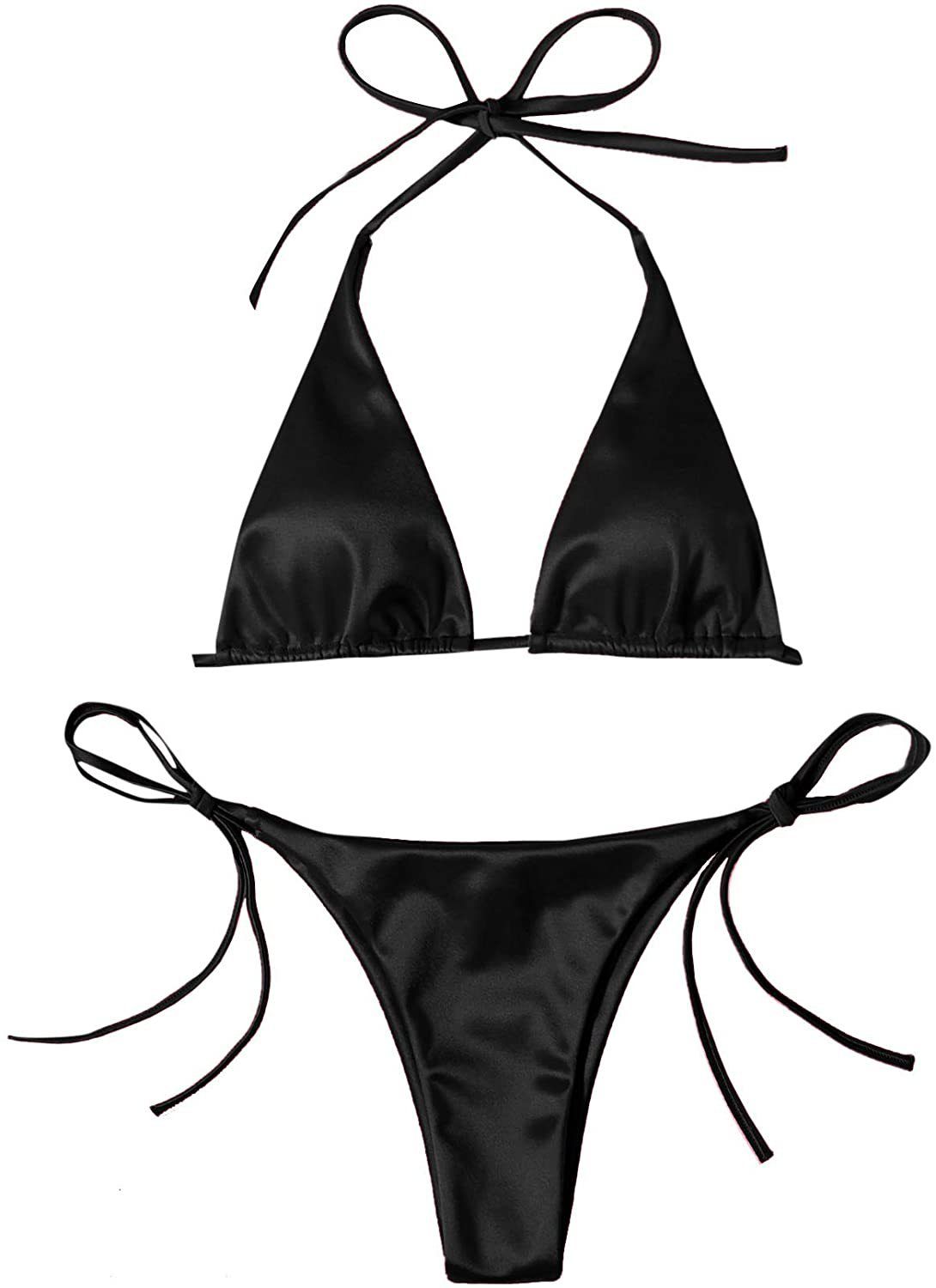 Solid Shiny Satin Gold Bikini Set Halter & Side Tie High Cut Two Piece Beach Swimsuit_ecoleips.com
