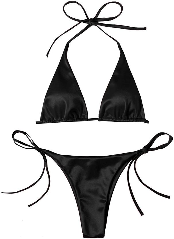 Solid Shiny Satin Gold Bikini Set Halter & Side Tie High Cut Two Piece Beach Swimsuit_ecoleips.com