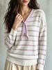 Lavender Stripe Eyelet Rib Knit Top, Loose Lightweight Breathable Tie V Neck Jumper, Soft Skin-touch Hollow Long Sleeve Pullover_ecoleips.com