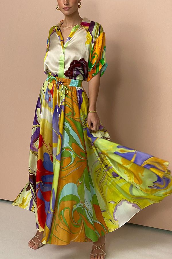 Silk Shirt Skirt Fashion Casual Printed Three Quarter Sleeve Top Two Piece Suit_ecoleips.com