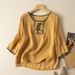 Cotton And Linen Three-Quarter Sleeve Embroidered Top For Women, Summer Artistic And Classical Pullover, Loose And Slimm_ecoleips.com