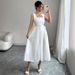 Women's Clothing Elegant White Openwork Slip Dress Style Square Neck Tea Dress With Slimming Waist And Tie Neck For Women_ecoleips.com