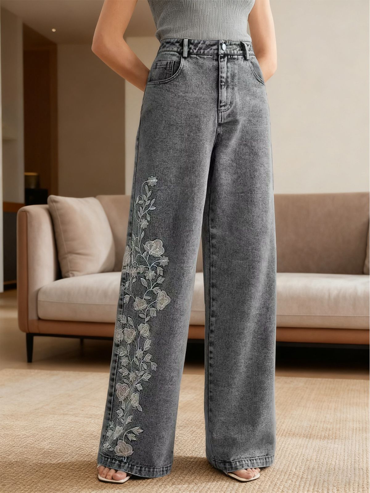 Heavy Embroidered Stretch Denim Pants – Retro High-Waisted Flared Jeans For Women_ecoleips.com