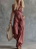 Women's Casual Fashion Linen Jumpsuit V Neck Front Button Sleeveless Western Style New Arrival_ecoleips.com