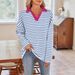 Women's Oversized Stripe Polo Collar Long Sleeve Sweatshirt – Casual Streetwear Cotton Blend Fall/Winter Fashion_ecoleips.com