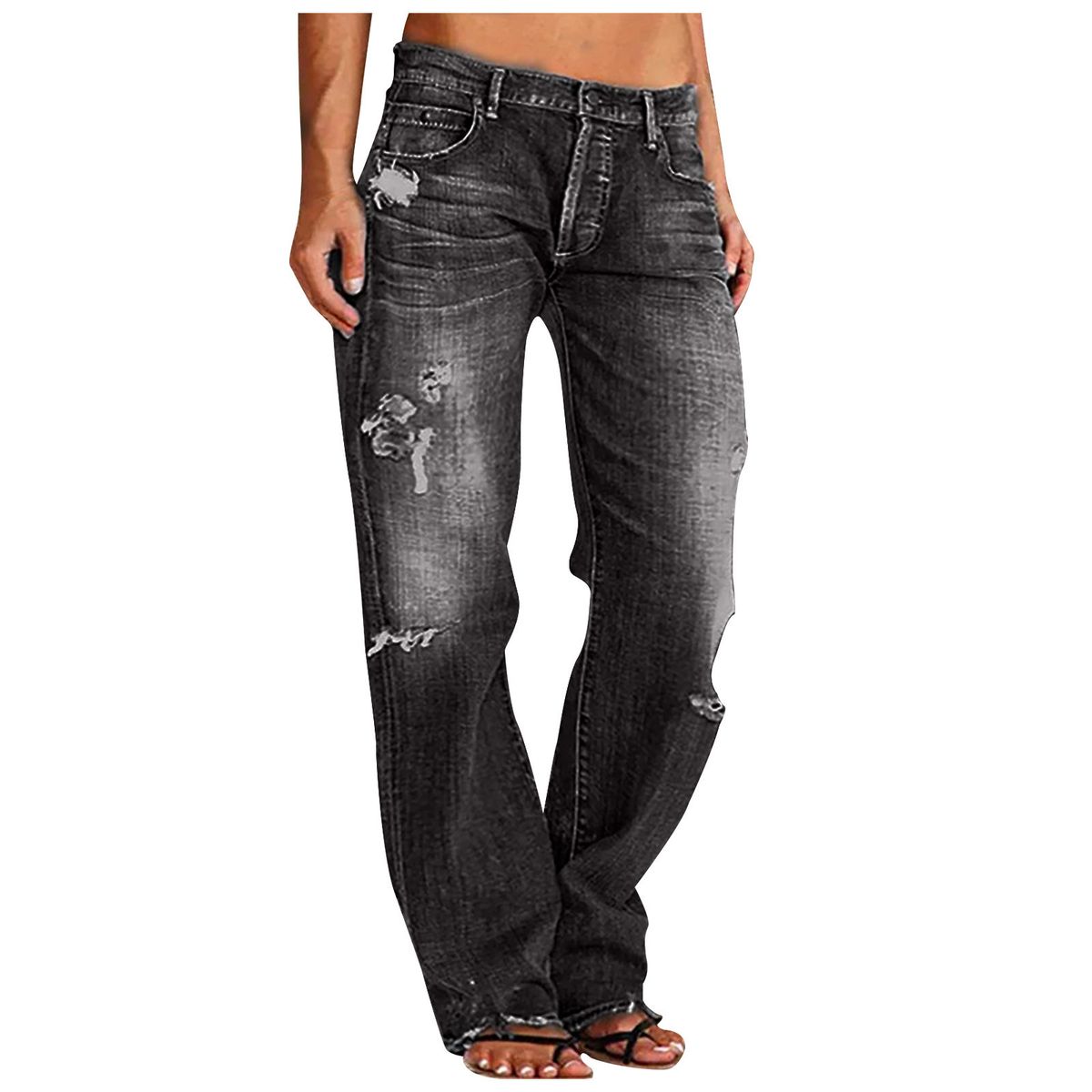 Women's Clothing Denim Trousers Trendy Distressed Mid Waist Ripped Casual Straight Leg Trousers_ecoleips.com