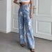 American Retro Blue Floral Print Jeans For Women Summer New Design High Waist Straight Wide Leg Long Pants_ecoleips.com