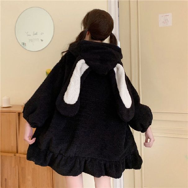 Women's Soft Girl Bunny Ears Hooded Sweatshirt Mid-Length Lamb Velvet Jacket For Autumn And Winter_ecoleips.com