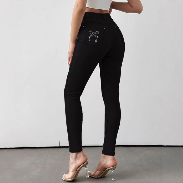 Women's Clothing Retro Old Money Style Casual Knit Trousers With Rhinestone Bow, Straight Leg, Loose Fit, Black Stretch Skinny Jeans_ecoleips.com