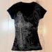 Gothic Print Rhinestone T-Shirt Women's Black Long Sleeve V Neck Slim Waist Gothic Top for Spring American Style_ecoleips.com
