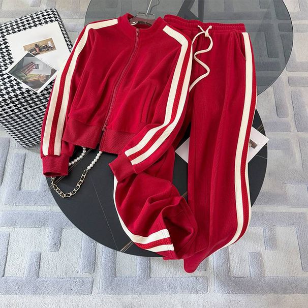 Women's Clothing Red Casual Sports Suit Autumn And Winter Dopamine Wear Baseball Jacket Slim Straight Pants Two Piece Suit_ecoleips.com