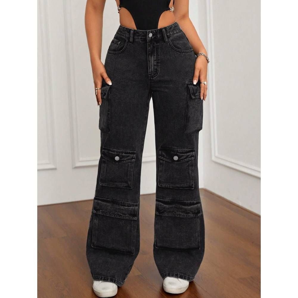 Women's Clothing Retro Fashion Trend Versatile Multi Pocket Workwear Denim Trousers_ecoleips.com