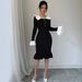 French-Inspired Knit Dress With Bell Sleeves – Black Fluted Hem Midi Dress (S-L, Slim Fit, High Neck, Polyester Blend, Vintage Elegance)_ecoleips.com
