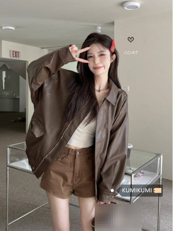 Retro Brown Leather Jacket For Women Spring Autumn Loose Motorcycle Style Elegant Fashion Polyester Top_ecoleips.com
