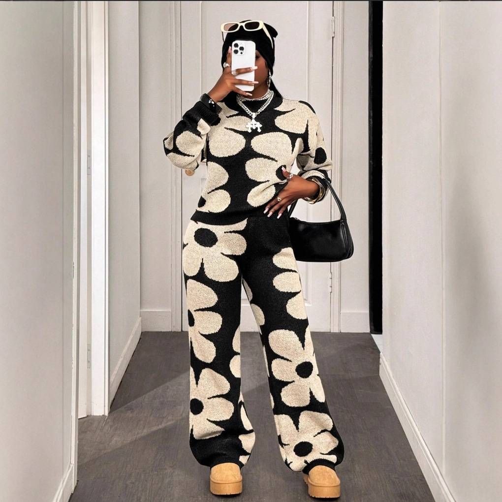 Women's Floral Jacquard Knit Sweater Set Long Sleeve Top And Pants Soft Warm Autumn Winter Multiple Colors_ecoleips.com
