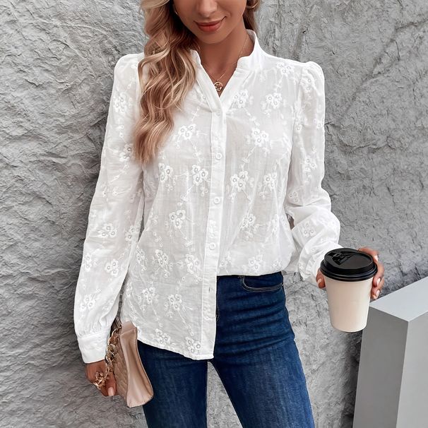 Women's Elegant V Neck Long Sleeve Shirt Semi Transparent Solid Color Button up Top Lace Texture Design All Seasons_ecoleips.com