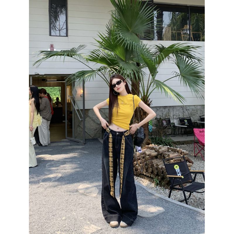 Sweet Cool Spicy Girl Set For Women Summer Rhinestone Slim Fit Yellow Letter T-Shirt + High Waist Plaid Patchwork Jeans_ecoleips.com