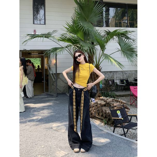 Sweet Cool Spicy Girl Set For Women Summer Rhinestone Slim Fit Yellow Letter T-Shirt + High Waist Plaid Patchwork Jeans_ecoleips.com