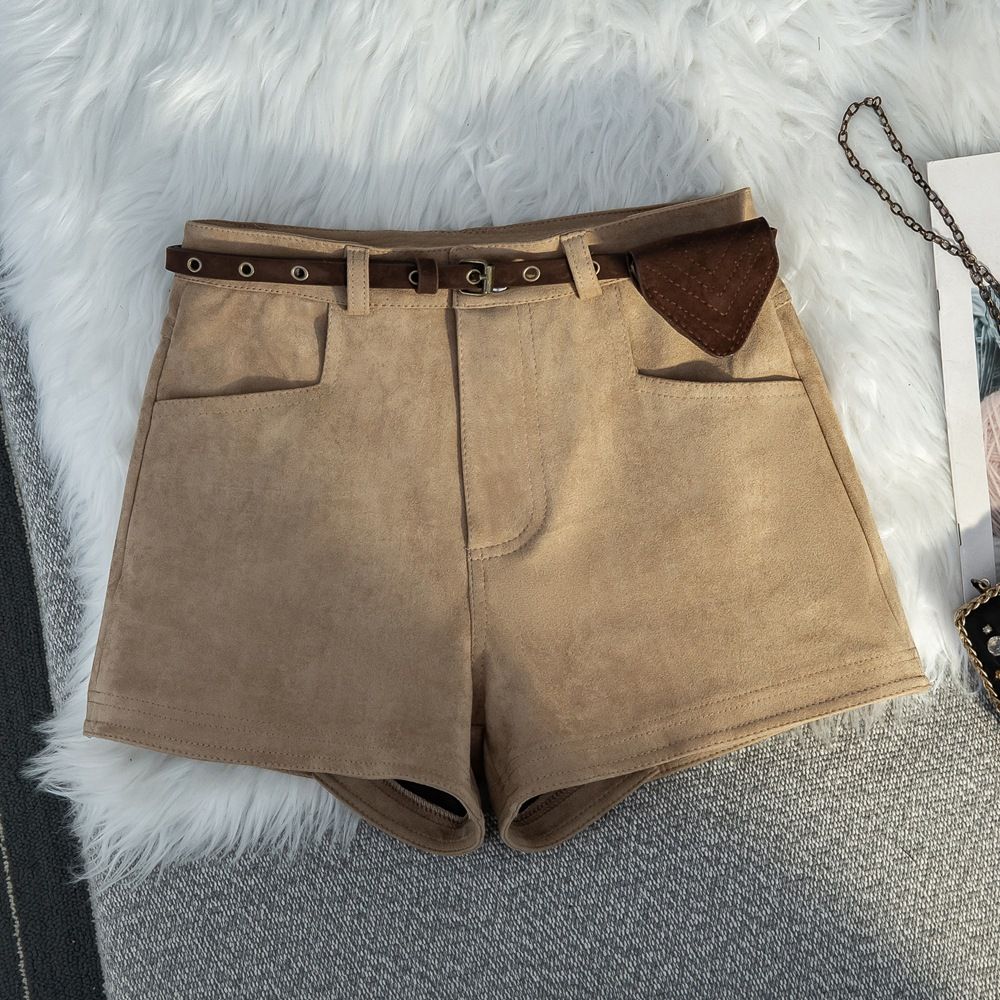 Maillard High Waisted Slimming Shorts for Women Coffee Color Suede A-Line Casual Bodycon Hot Pants Autumn Style_ecoleips.com