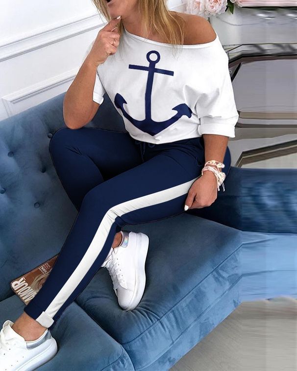 Audday AL077 Women's Short Sleeve T-Shirt Navy Sports Suit Anchor Print Two-Piece Set_ecoleips.com