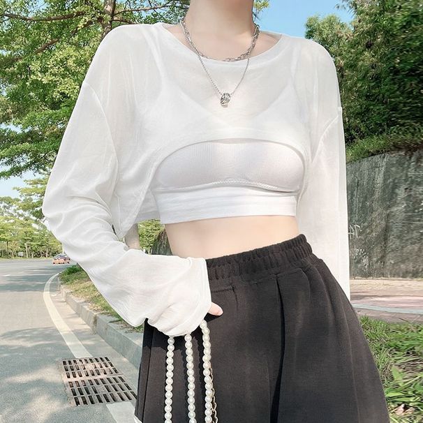 Sheer Mesh Cover-Up Top With Sleeves | Lightweight Cropped Blouse For Summer Layering (Blue/White/Black, S-2xl)_ecoleips.com