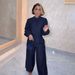 Women's Clothing Tie Strap Lantern Sleeve Shirt Wide Leg Pants Denim Two Piece Suit_ecoleips.com