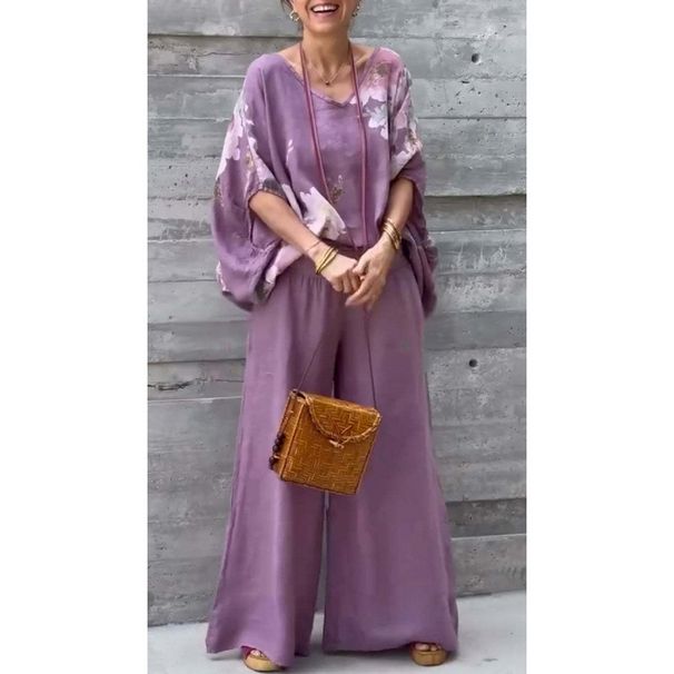 Women's Clothing Hot Selling Women's V Neck Cotton And Linen Printed Tops And Trousers Casual Suits_ecoleips.com
