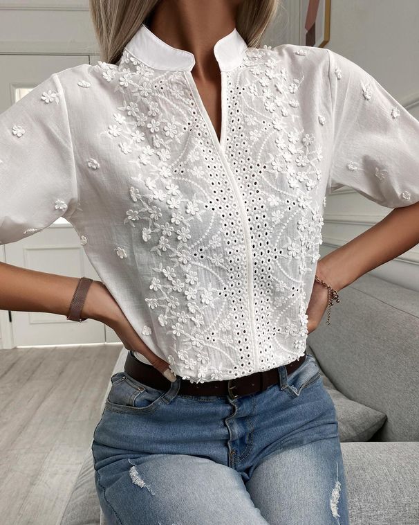 Verve 2025 Summer Women's New V-neck Stand Collar Embroidered Lace Blouse Shirt_ecoleips.com