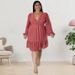 Women's Clothing V-Neck Flutter Sleeve Midi Dress With Vertical Stripe Jacquard, Elegant A-Line Swing Dress_ecoleips.com