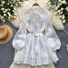 Women's Clothing Dress For Women With Bow Tie Neckline And Lantern Sleeves, Lace Splicing, Shiny Chiffon Skirt And Short Skirt_ecoleips.com