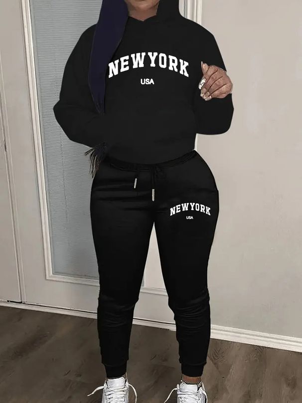 Women's Autumn And Winter Fashion Casual NEW YORK USA Letter Printed Thick Fleece Warm Hooded Sweatshirt+sports Pants Set-758_ecoleips.com