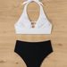 Women Two Tone 2 Piece Bikini Set White Halter Ladder Cutout Top Black Ruched High Waist Bathing Suit Color Block Beach Swimwear_ecoleips.com