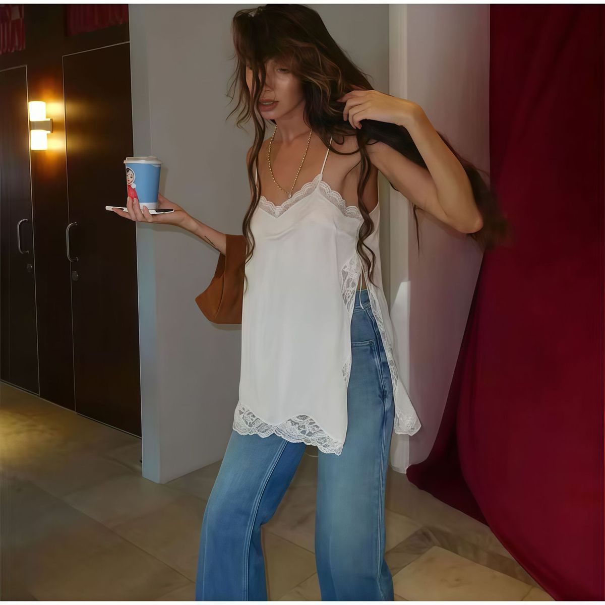 Women's European American Style Camisole Tank Top with Lace Trim See through Vest Sexy Comfortable Summer Polyester Slit Design_ecoleips.com