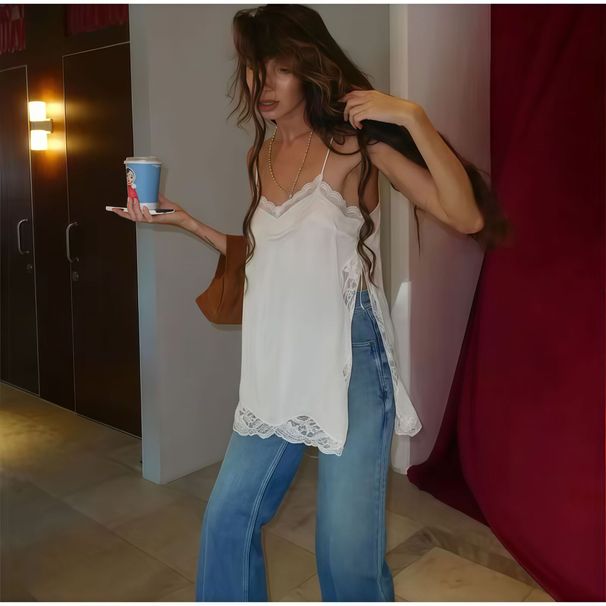 Women's European American Style Camisole Tank Top with Lace Trim See through Vest Sexy Comfortable Summer Polyester Slit Design_ecoleips.com