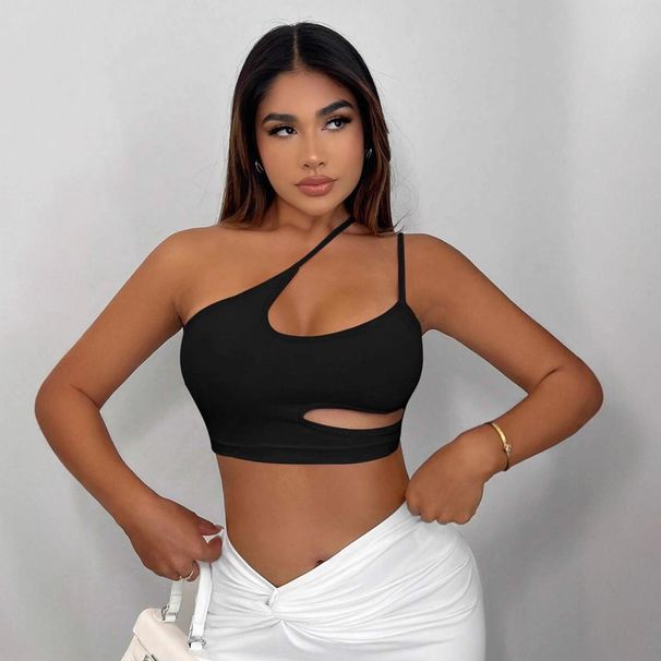 Summer New Style Women's One Shoulder Fitness Vest Shockproof Cloud Shape Beautiful Back Irregular Straps Running Top for Ladies_ecoleips.com