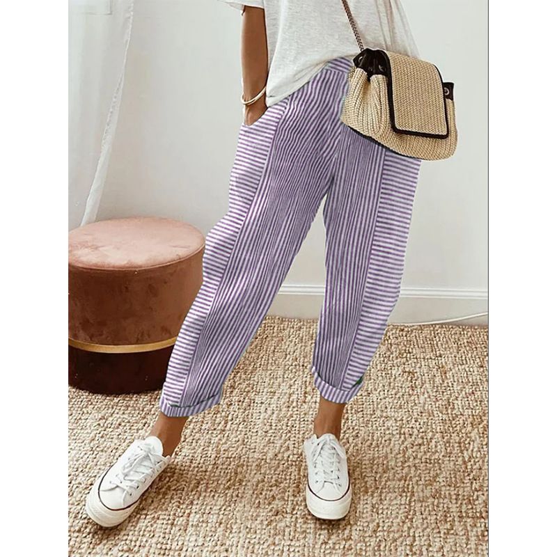 Women's Clothing Woven Jacquard Striped Stitching Design Loose Casual Pants_ecoleips.com