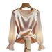 Women's Satin Pearl Neckline Sheer Mesh Blouse – Elegant See-Through Lace Top (S-XXL, Green/Black/White/Champagne Pink)_ecoleips.com