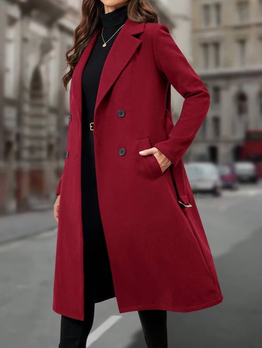 Elegant Double-Breasted Trench Coat - Women's Long Wool Blend Coat With Belt, Slim Fit Overcoat For Autumn/Winter_ecoleips.com