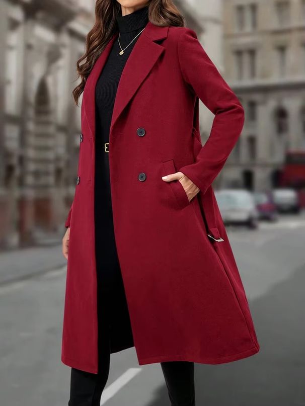 Elegant Double-Breasted Trench Coat - Women's Long Wool Blend Coat With Belt, Slim Fit Overcoat For Autumn/Winter_ecoleips.com