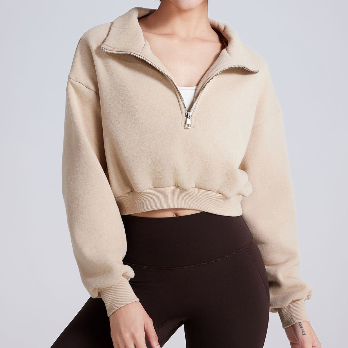 Fleece-Lined Half-Zip Sweatshirt For Women - Oversized Yoga Pullover With Stand Collar (Black/Oat Milk/Mocha/Prussian Blue, S-L)_ecoleips.com